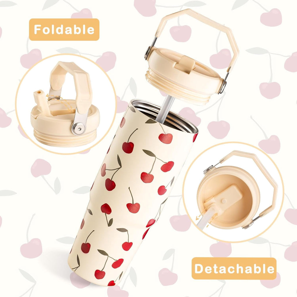 Cherry Tumbler, Cherry Gifts for Women 30 oz Tumbler with Handle and Flip Straw Stainless Steel Insulated Cup Travel Mug Water Bottle