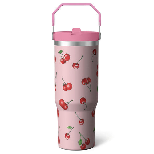 1pc cherry 30oz Tumbler with Straw & Handle - Insulated Stainless Steel Cup | Holiday Gift for Man Women (Christmas, Valentine's, Birthday)