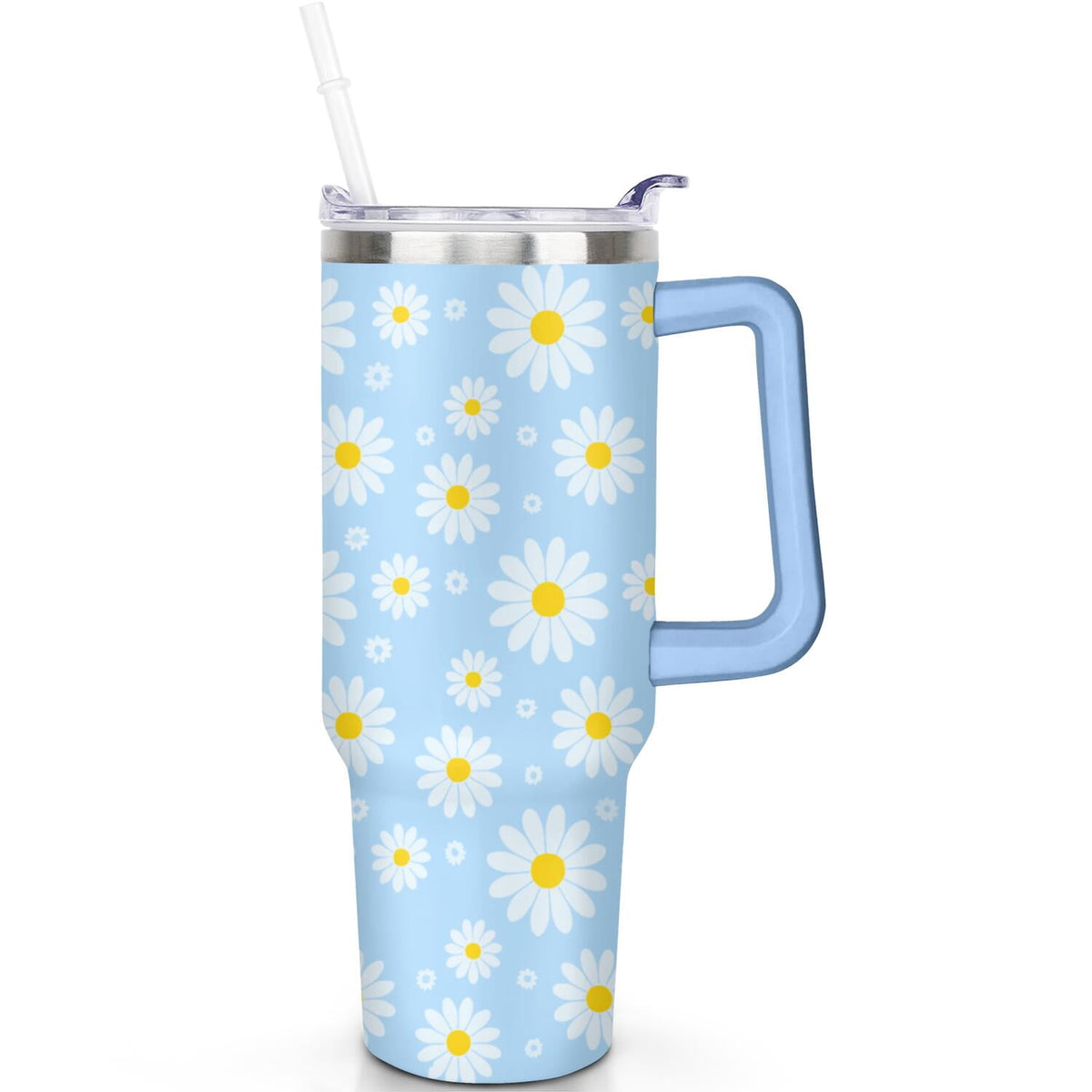 1pc daisy 40oz Tumbler with Straw & Handle - Insulated Stainless Steel Cup | Holiday Gift for Man Women (Christmas, Valentine's, Birthday)