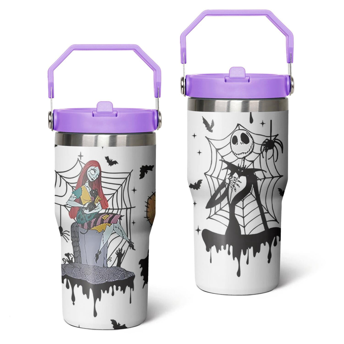 20oz Halloween Nightmare Before Stainless Steel Tumbler with Lid and Straw,Spill Proof Christmas Jack Skeleton Travel Cup Double Wall Vacuum Insulated Coffee Mug with Top Handle Light-purple
