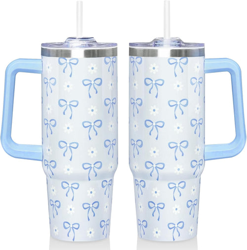 30 Oz Blue Bow Tumbler with Handle and Straw, Insulated Stainless Steel Coffee Travel Cup Mug Water Bottle, Blue Bow Themed Gifts for Women Teen Girl