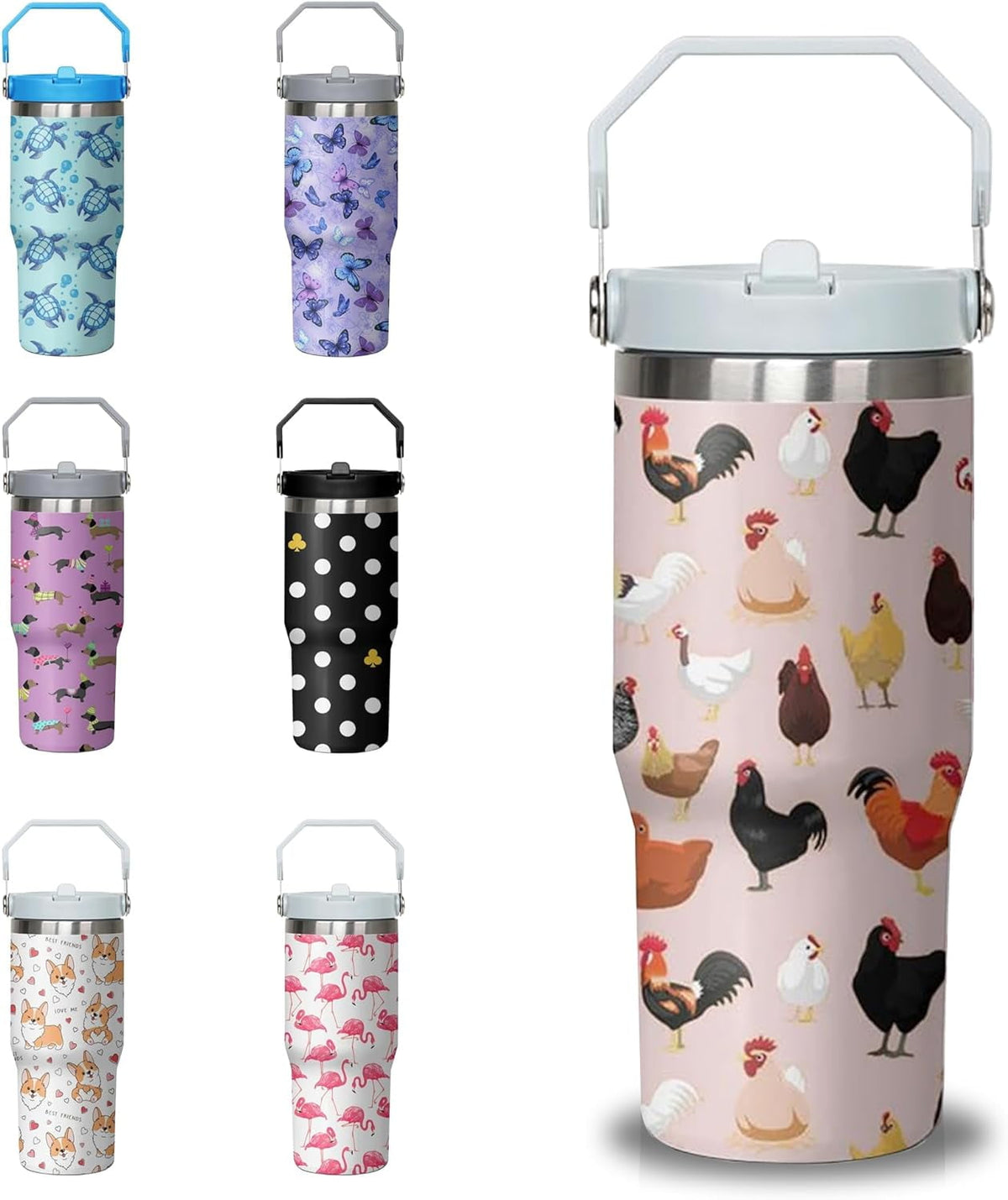 30 oz Chicken Tumbler with Handle and Flip Straw, Stainless Steel Double Insulated Cup with Lid and Straw, Travel Coffee Mug Water Bottle,Christmas Birthday Mothers Day Gifts for Women Animal Lovers