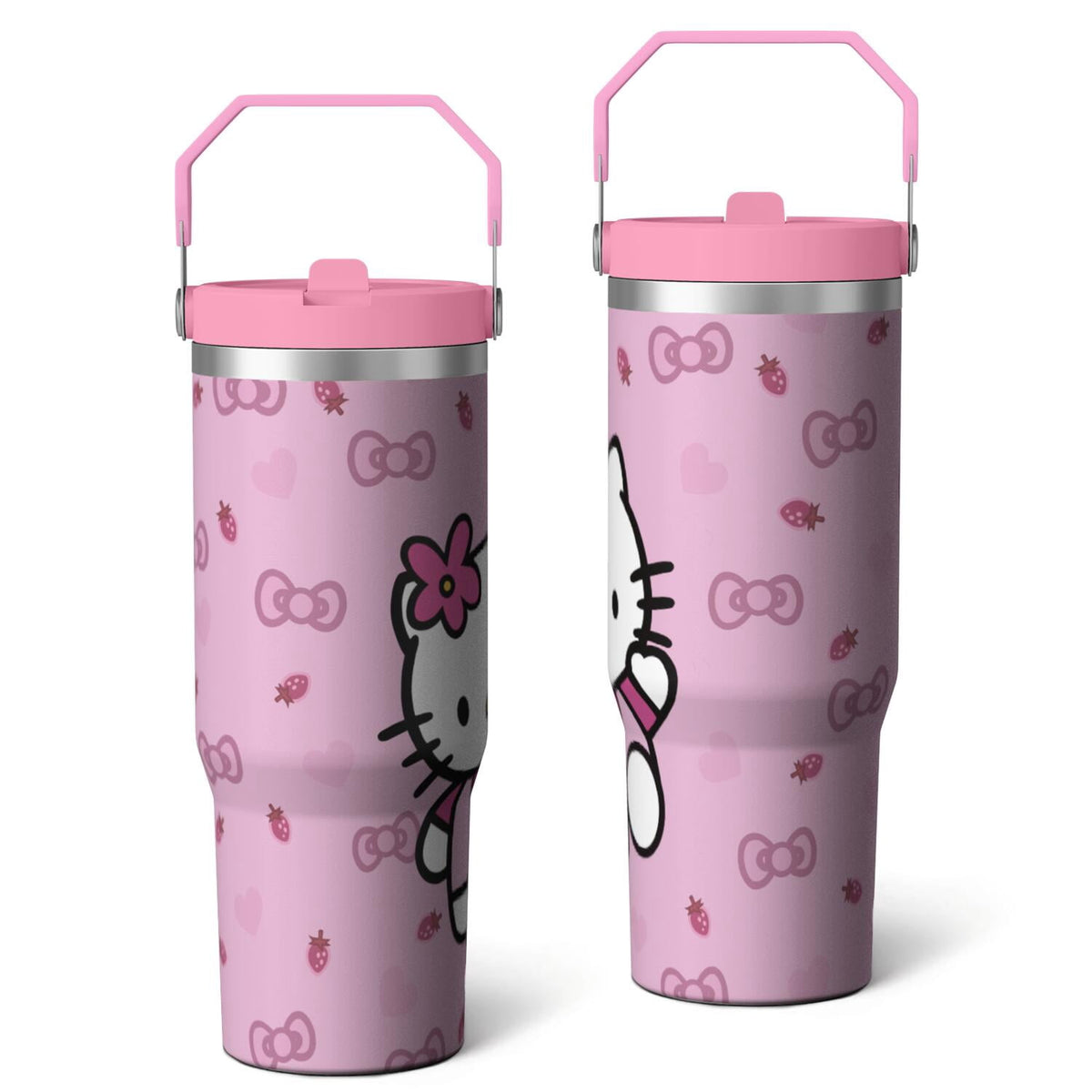 30oz Hello Kawaii Cat Cute Stainless Steel Tumbler with Lid and Straw,Spill Proof Travel Cup Double Wall Vacuum Insulated Coffee Mug with Top Handle Pink