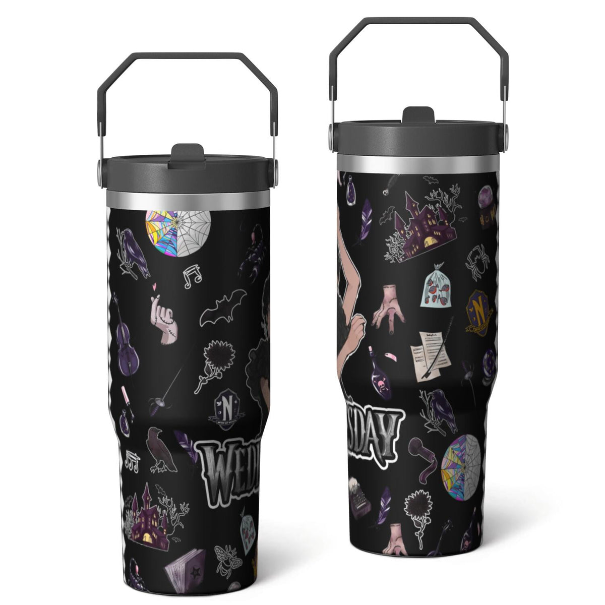 30oz Wednesday Girl Stainless Steel Tumbler with Lid and Straw,Wednesday Stuff Merchandise Spill Proof Travel Cup Double Wall Vacuum Insulated Coffee Mug with Top Handle Black