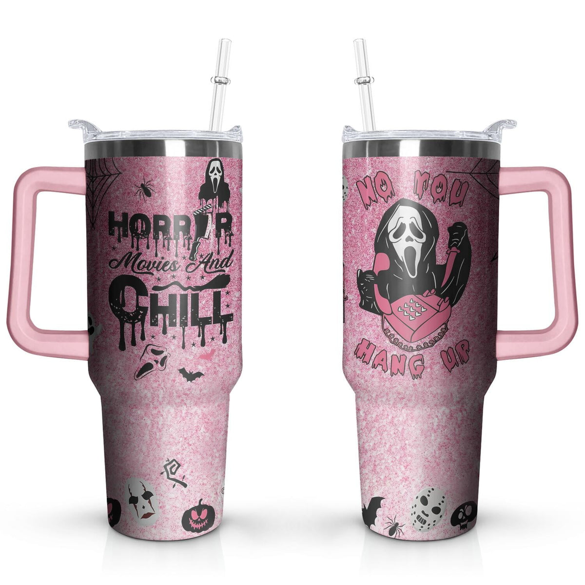 40 Oz Halloween Tumbler with Handle, Lid and Straw, Halloween Ghostface Cup Horror Spooky Gifts for Women Girls, Halloween Cups for Adults, Pink