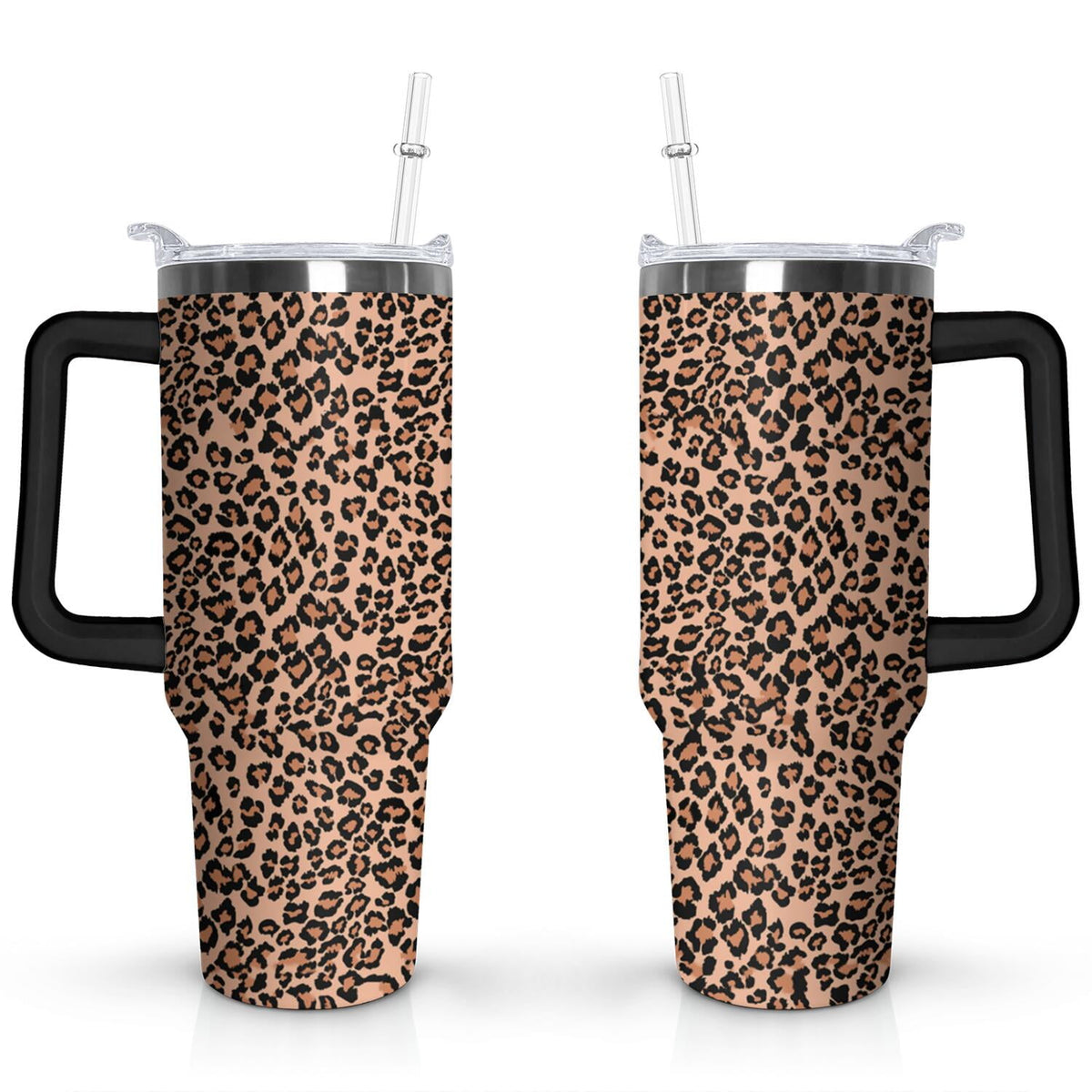 40oz Fashion Leopard Pattern Stainless Steel Flip Straw Tumbler Spill Proof Travel Cup Double Wall Vacuum Insulated Coffee Mug with Top Handle