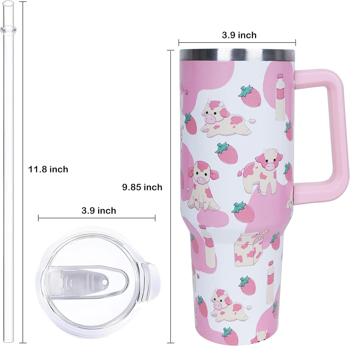 40 oz Cute Strawberry Cow Tumbler with Handle and Straw, Stainless Steel Insulated Cup with Lid and Straw, Travel Mug Water Bottle, Gifts for Women