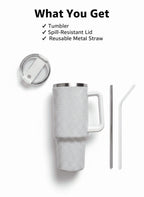 Thirstee 40 oz Rhinestone Tumbler with Handle and Metal Straw Lid, White Bling Insulated Travel Mug