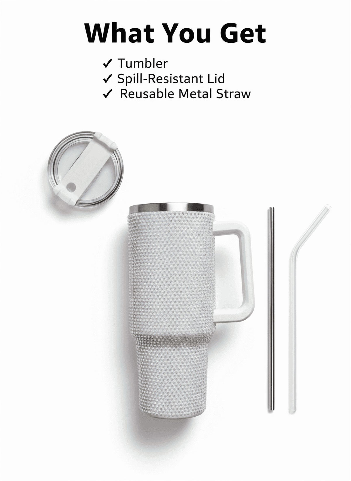 Thirstee 40 oz Rhinestone Tumbler with Handle and Metal Straw Lid, White Bling Insulated Travel Mug