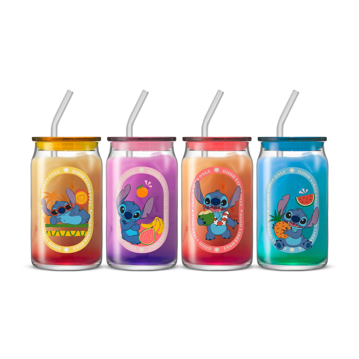 Disney Stitch Island Vibes Tumbler Glasses with Lids & Straws, 16-ounces, Set of 4