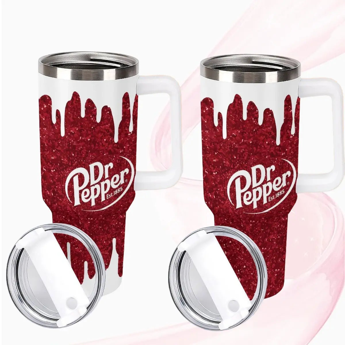Dr Pepper Tumbler, 40oz With Handle Tumbler, Paint Drip Design, Christmas Gift, 40oz Stainless Steel Tumbler, Glitter Design, Perfect Gift For Pepper Lover