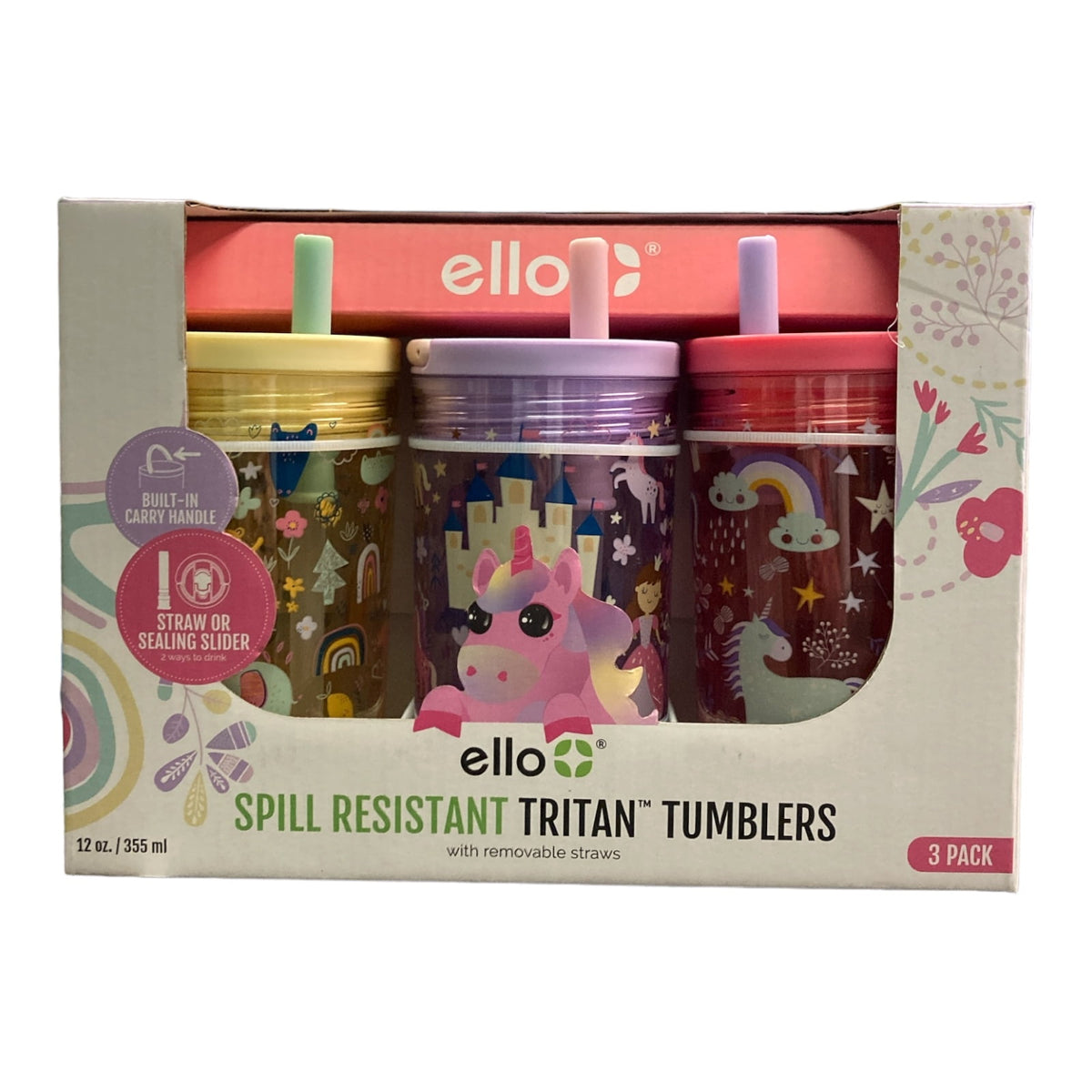 Ello 12 Oz Animal Princess & Unicorn Spill Proof PlasticTumbler Glasses (set of 3)