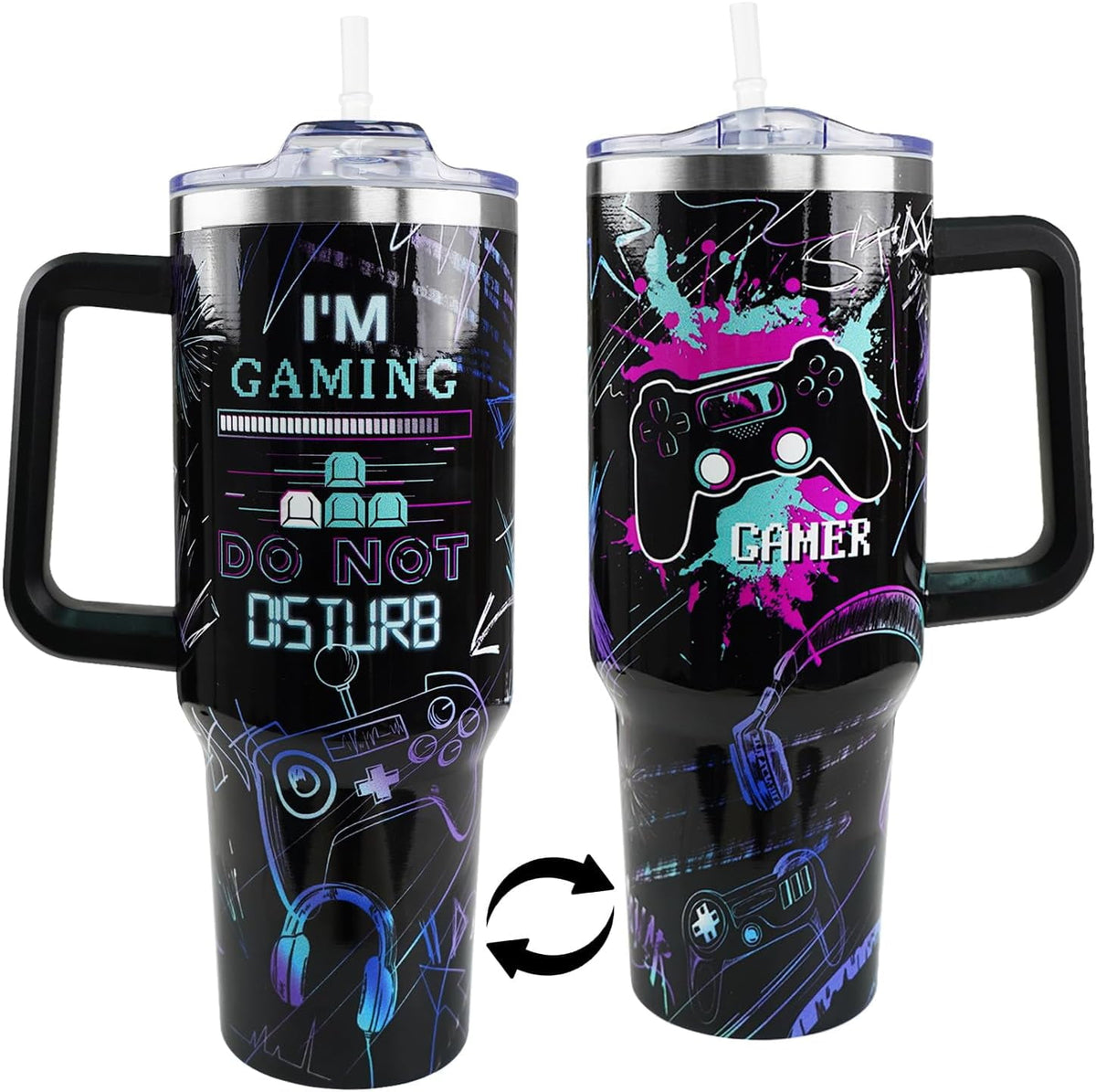 Gamer Gifts, 40 Oz Gaming Tumbler with Handle and Straw Gamer Cup Coffee Mug Tumbler for Men, Cool Gaming Accessories Stuff, Unique Valentines Gifts for Gamers Men Boys Gaming Gifts for Men Teen Boys