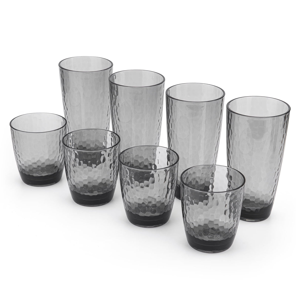 KX-Ware Hammered 15 Ounce and 26 Ounce Plastic Tumbler Acrylic Drinking Glasses,  Set of 8 Grey