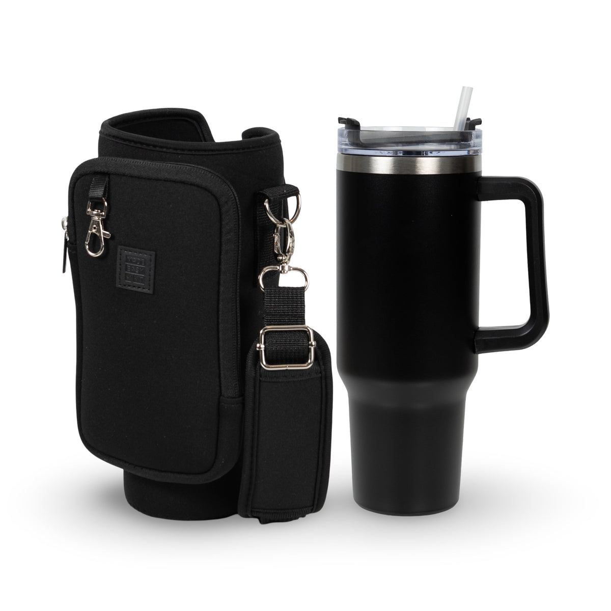 Made Easy Kit Tumbler & Neorpene Pocket Carrier for Water, Iced Tea or Coffee - Stainless Steel Vacuum Insulated Car Cup with Lid, Straw, and Carabiner for Hanging Accessories