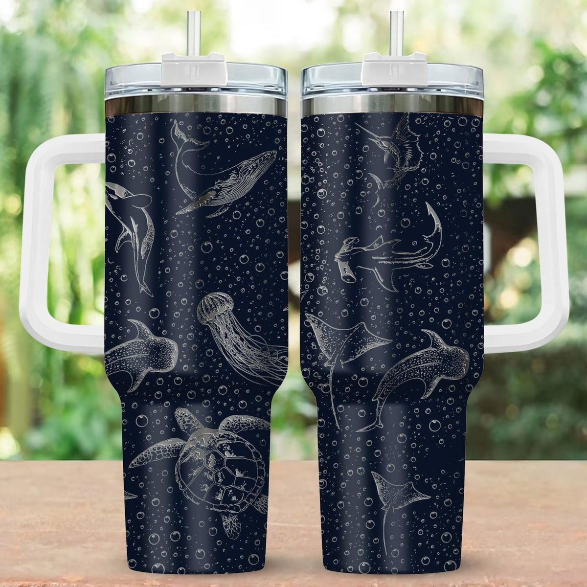 Sea Animal Ocean Engraved Tumbler, Ocean Lover 40oz Tumbler, Deep Sea Shark Stainless Steel Tumbler, Beach Drinkware Tumbler For Fan