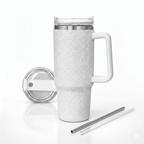 Thirstee 40 oz Rhinestone Tumbler with Handle and Metal Straw Lid, White Bling Insulated Travel Mug