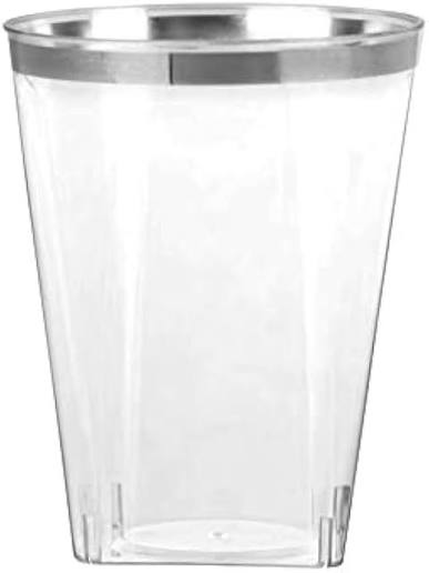 Disposable 10 Oz Square Crystal Clear Plastic Tumblers With Silver Rim
